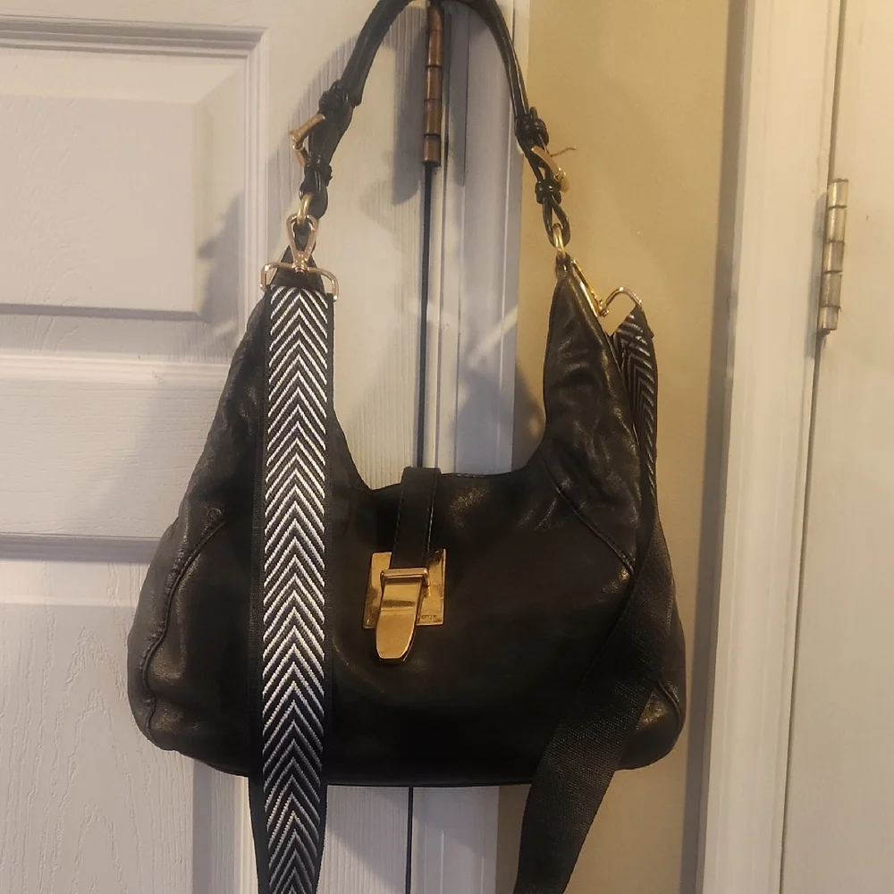 Michael Kors Black Leather Shoulder Bag w Studded Sides, Gold Accents, Guitar S - Picture 1 of 10